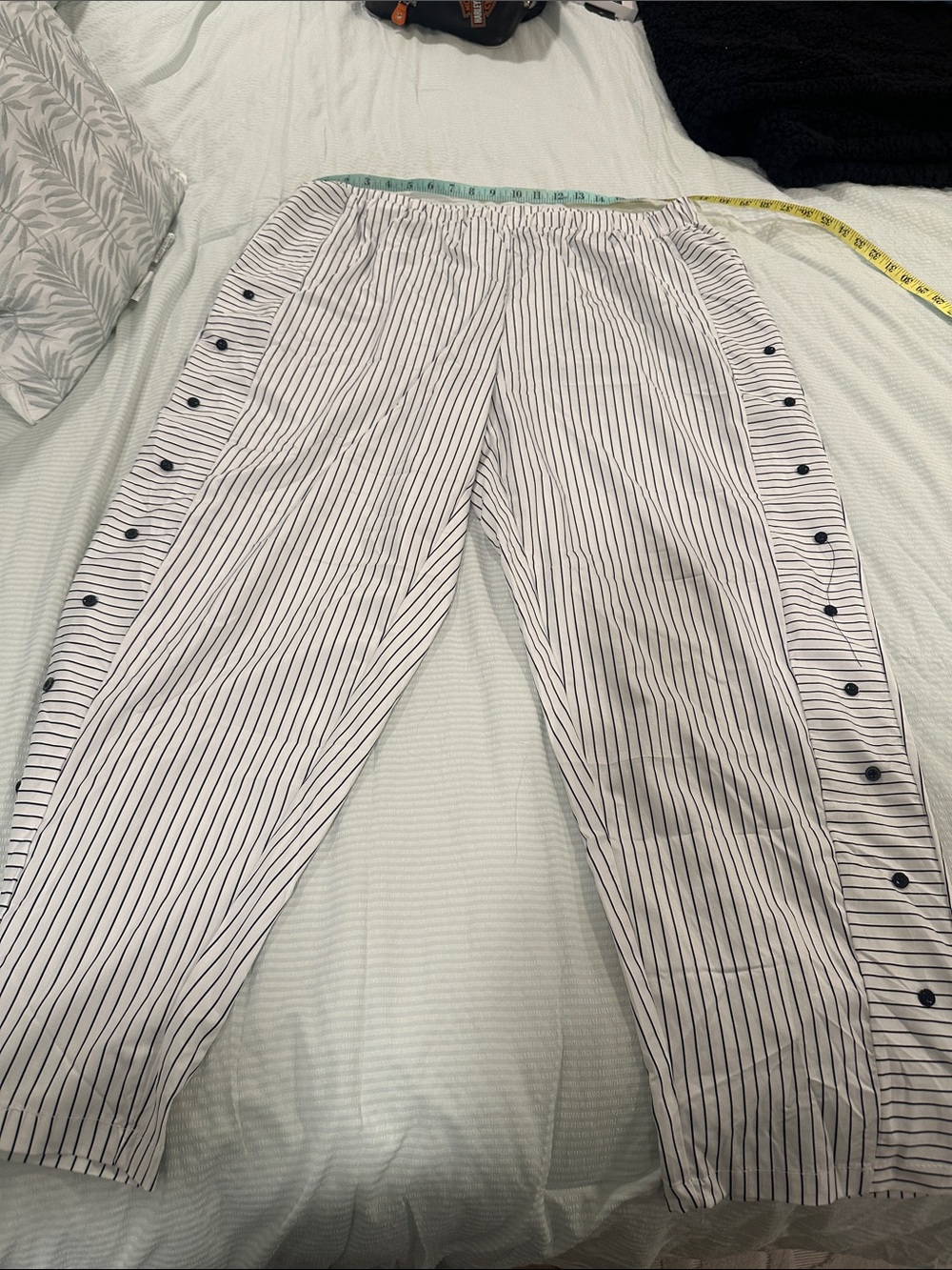 SHEIN White Pants with Navy Pinstripes and Side Snap Buttons